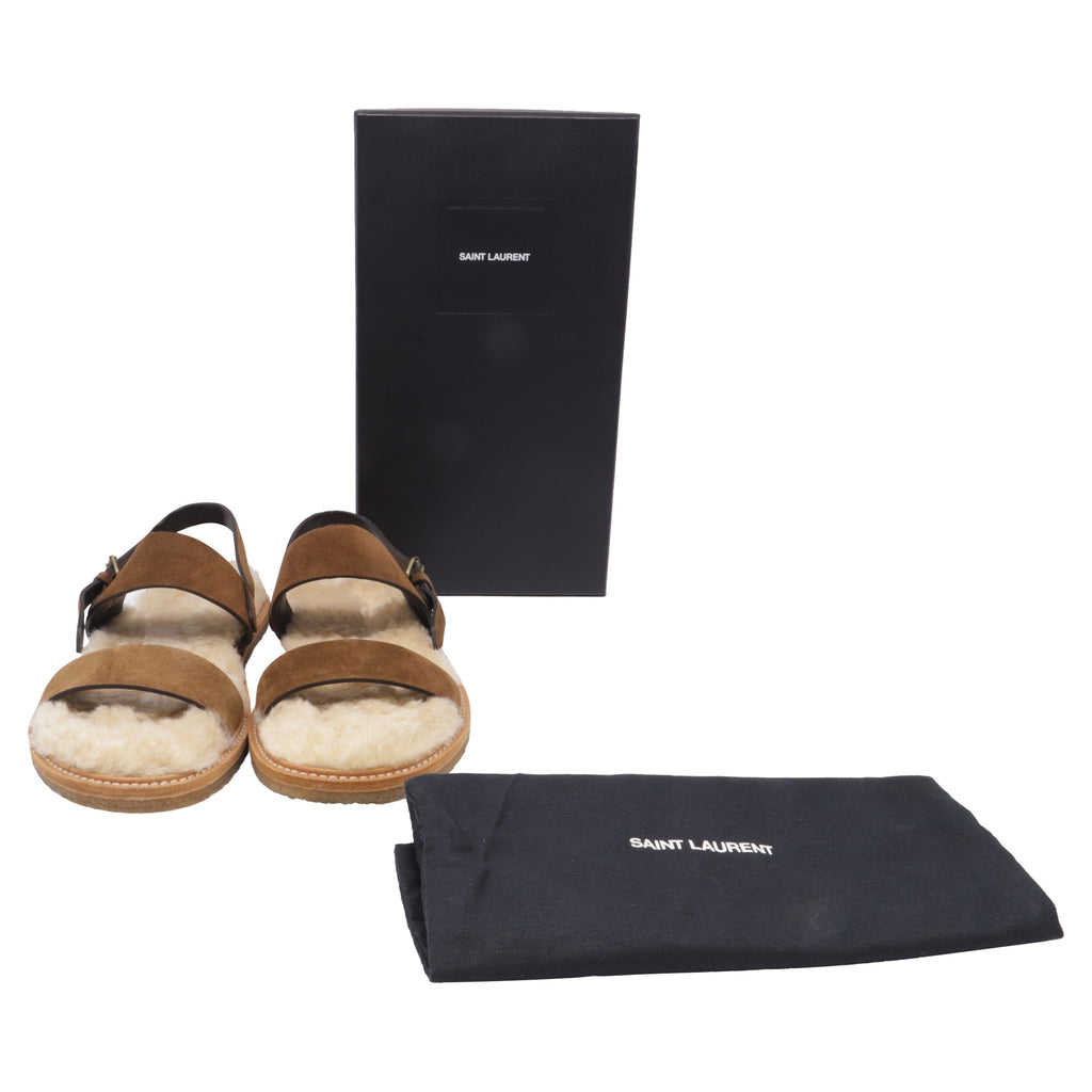 Women's Saint Laurent Shearling-Lined Slingback Strap Sandals in Brown Suede