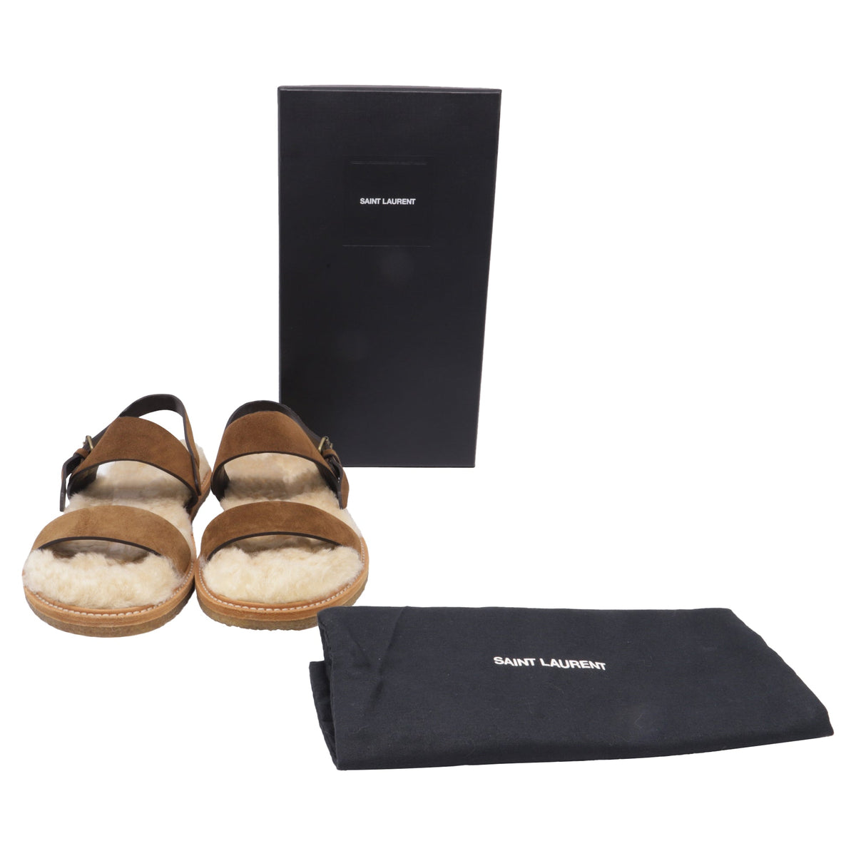 Women's Saint Laurent Shearling-Lined Slingback Strap Sandals in Brown Suede