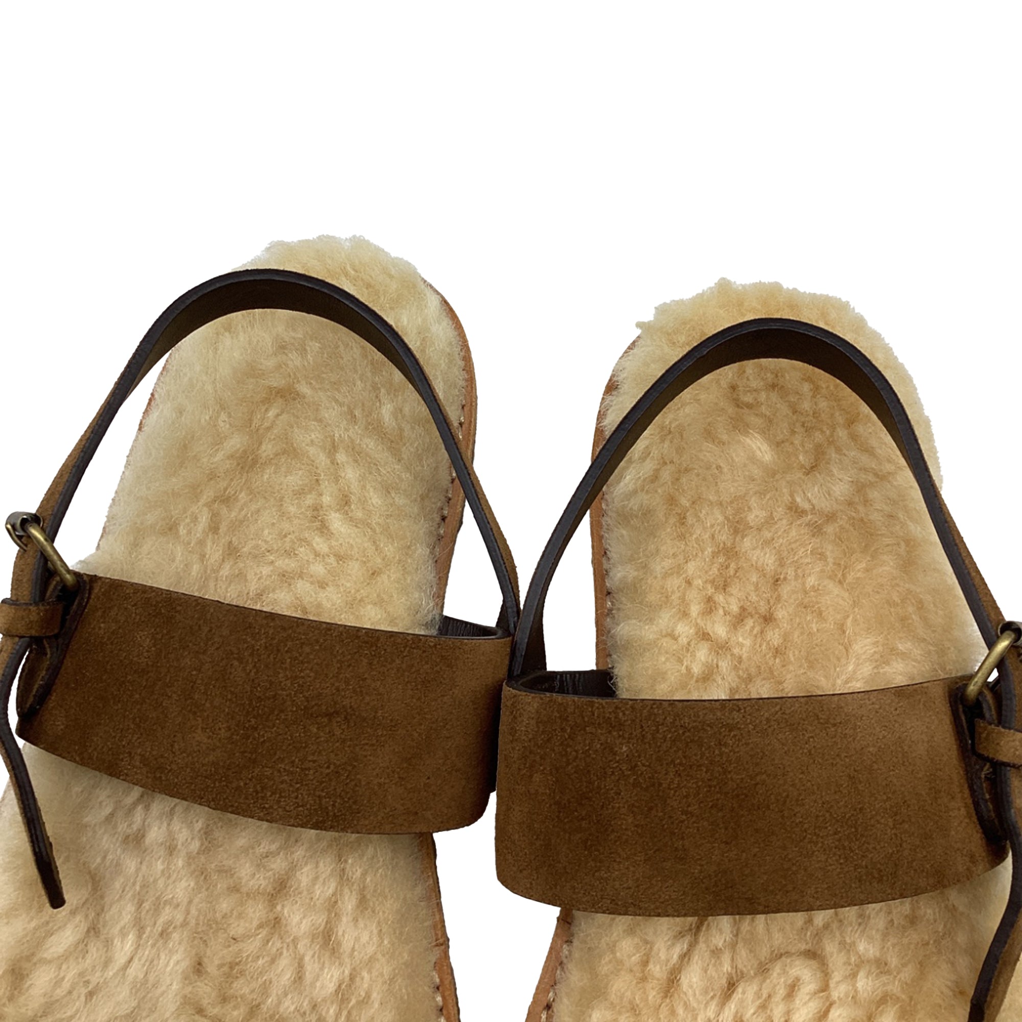 Women's Saint Laurent Shearling-Lined Slingback Strap Sandals in Brown Suede