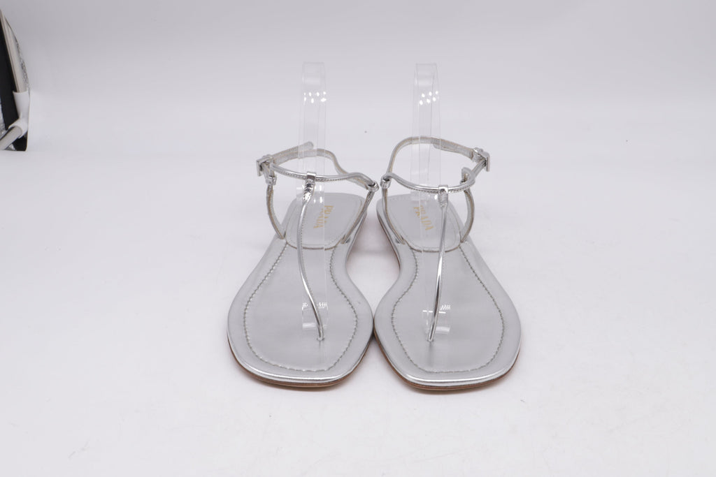 Women's Prada T-Strap Flat Sandals in Metallic Silver Leater