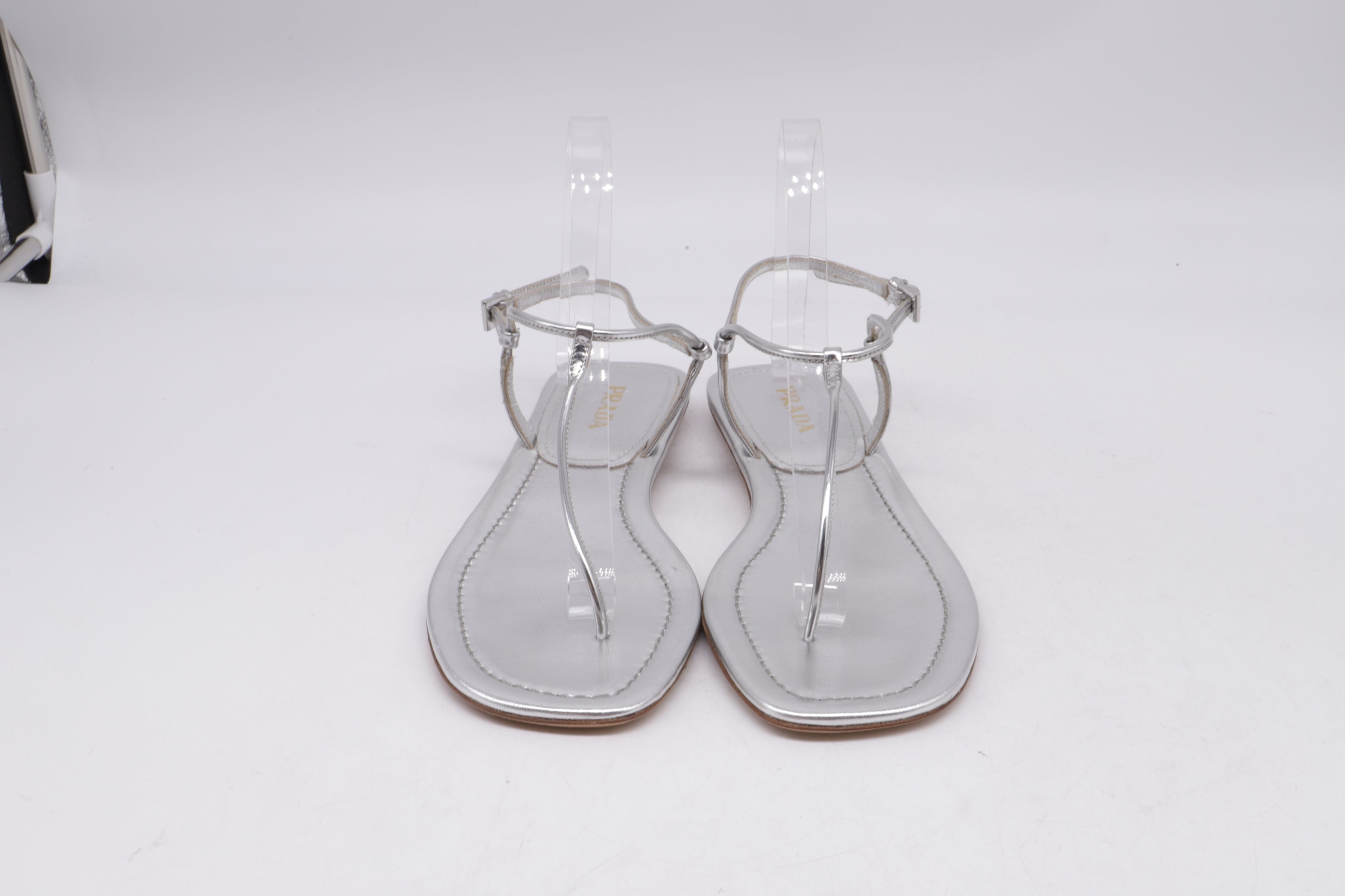 Women's Prada T-Strap Flat Sandals in Metallic Silver Leater