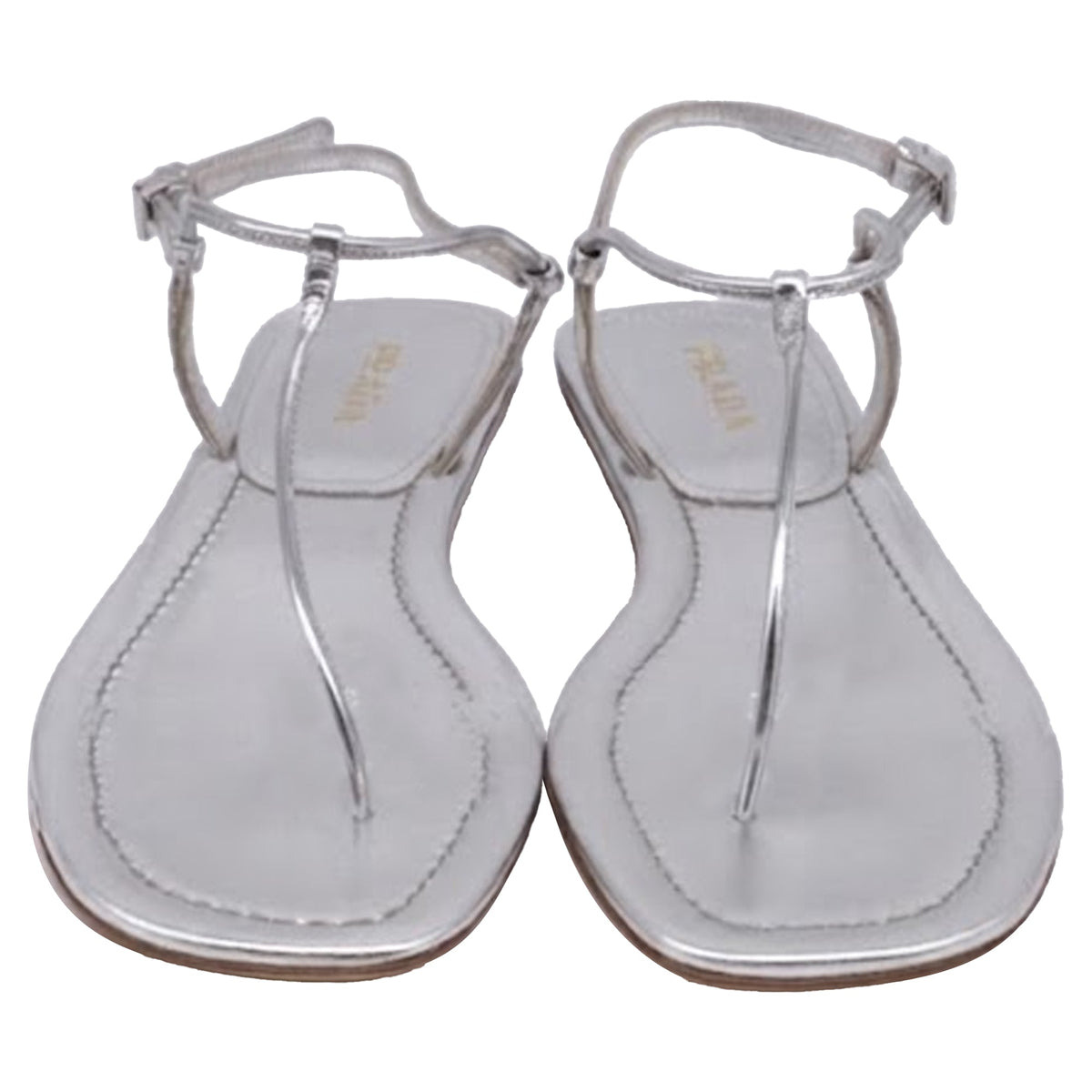 Women's Prada T-Strap Flat Sandals in Metallic Silver Leater