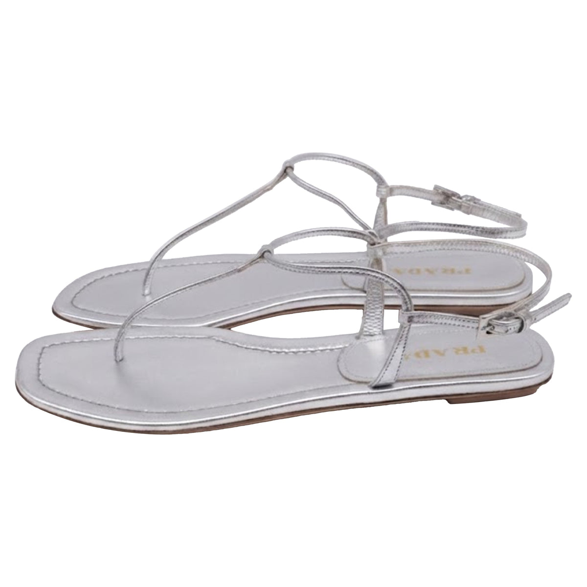 Women's Prada T-Strap Flat Sandals in Metallic Silver Leater