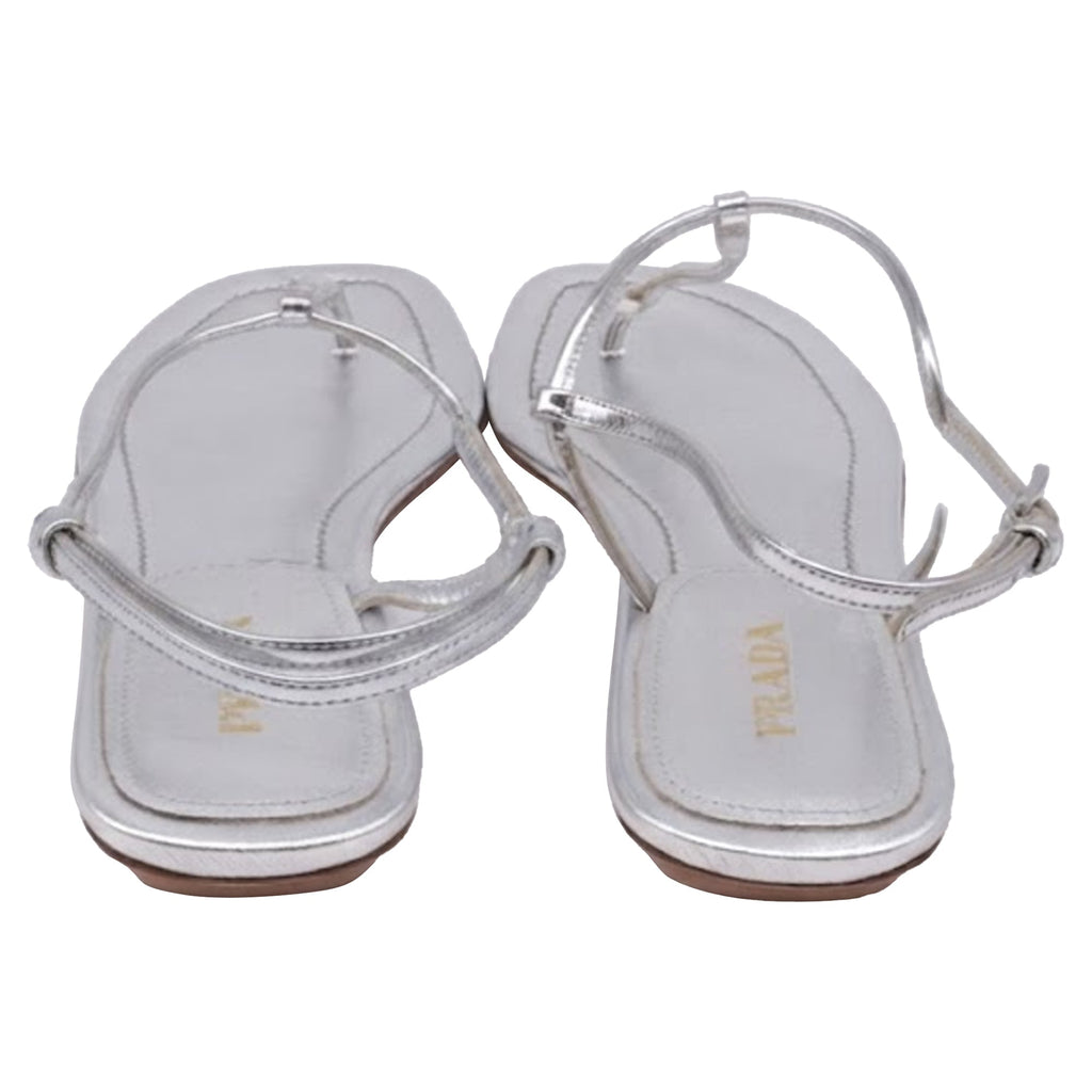 Women's Prada T-Strap Flat Sandals in Metallic Silver Leater