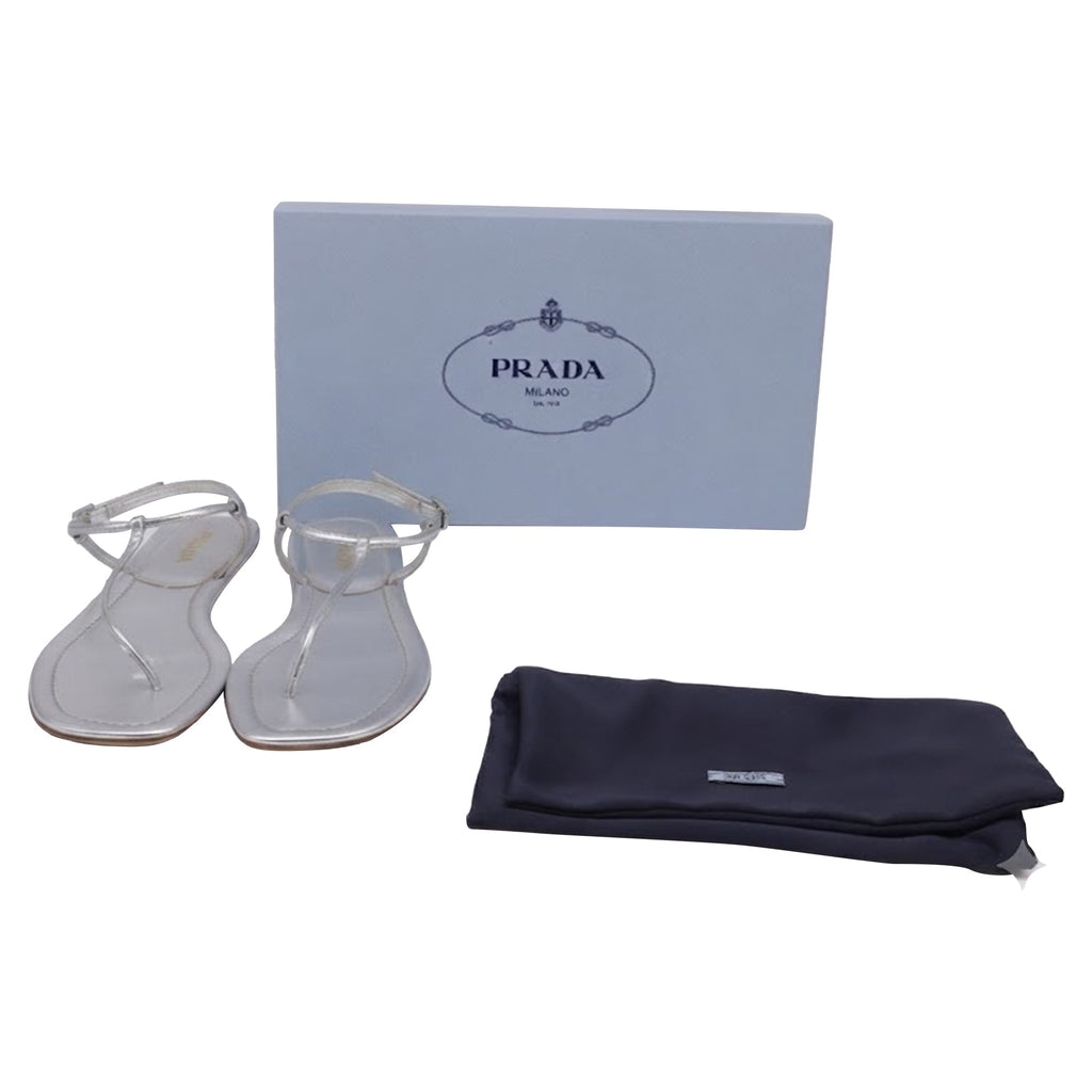 Women's Prada T-Strap Flat Sandals in Metallic Silver Leater