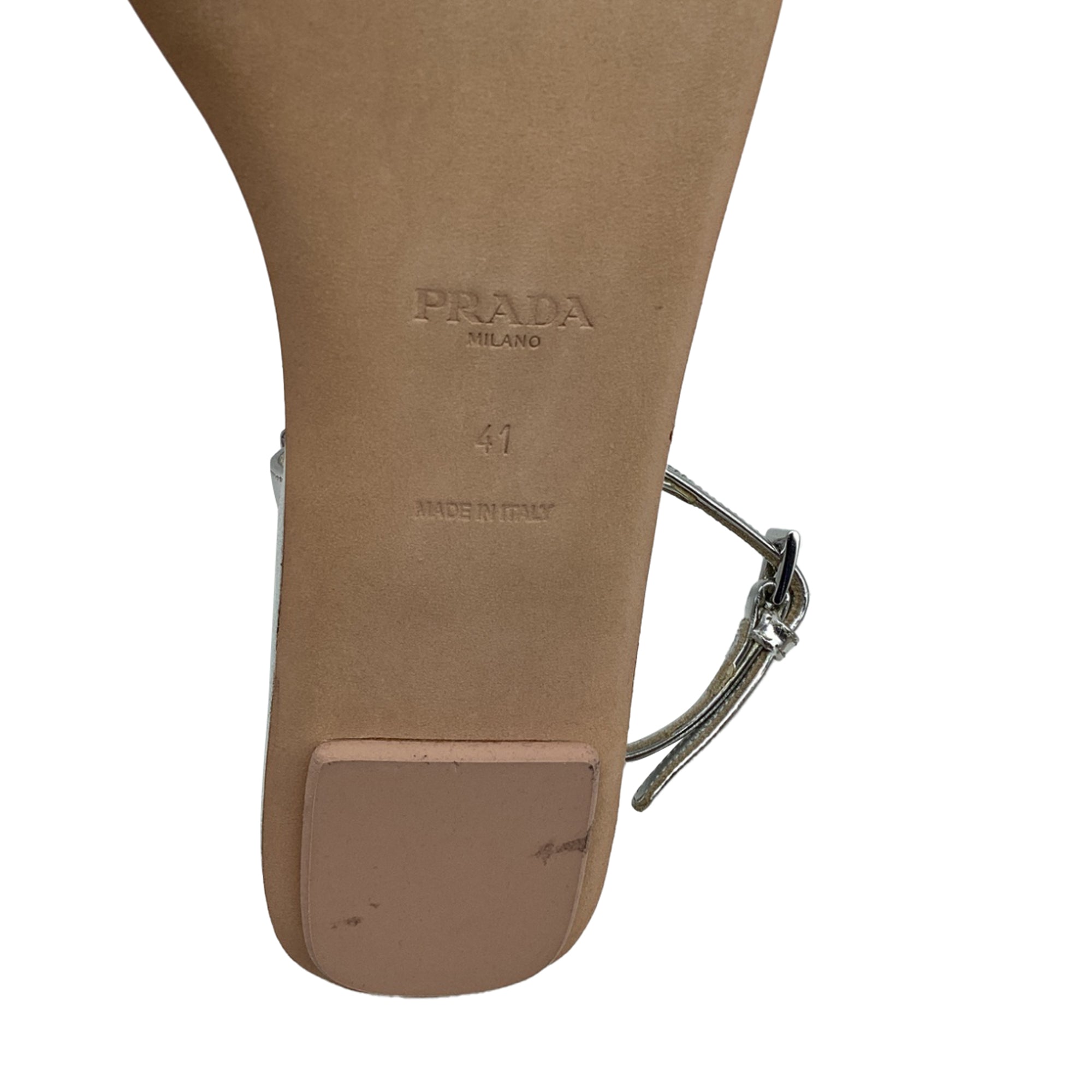 Women's Prada T-Strap Flat Sandals in Metallic Silver Leater