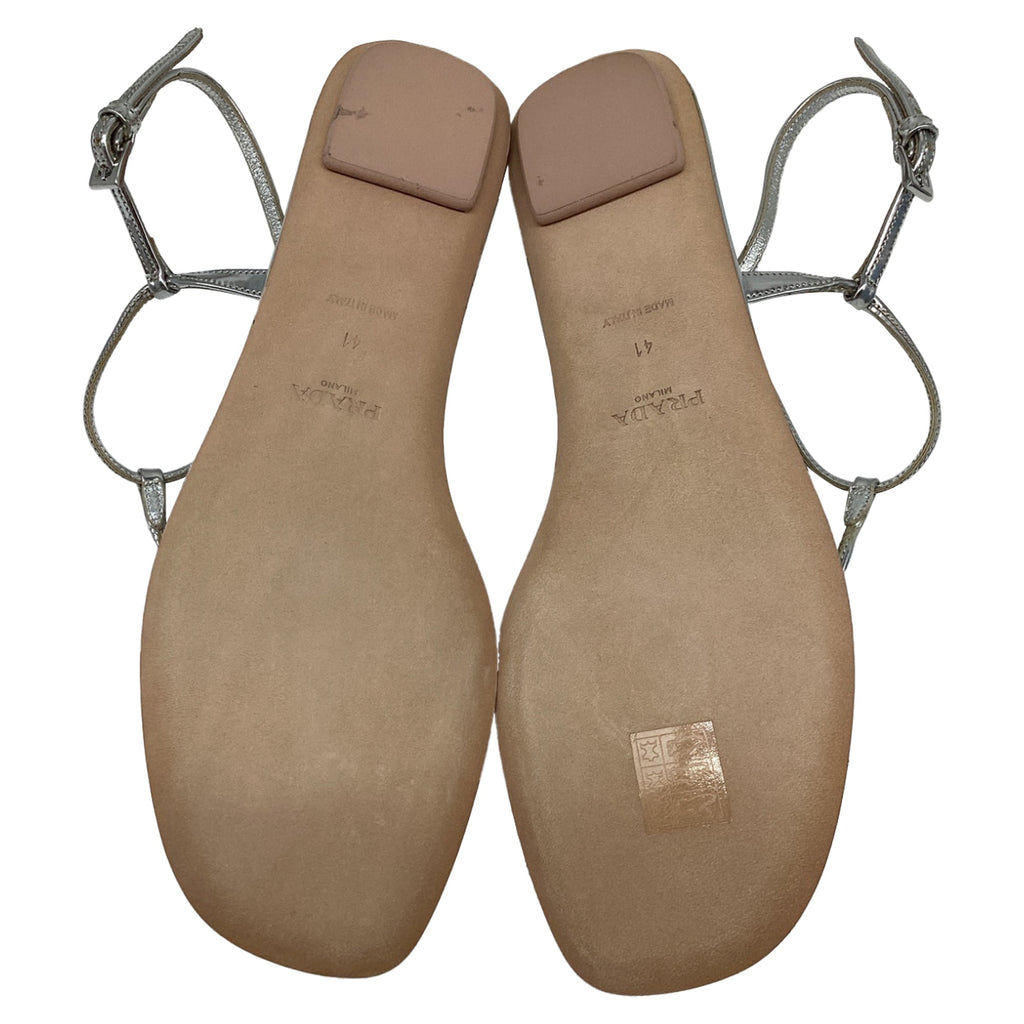 Women's Prada T-Strap Flat Sandals in Metallic Silver Leater