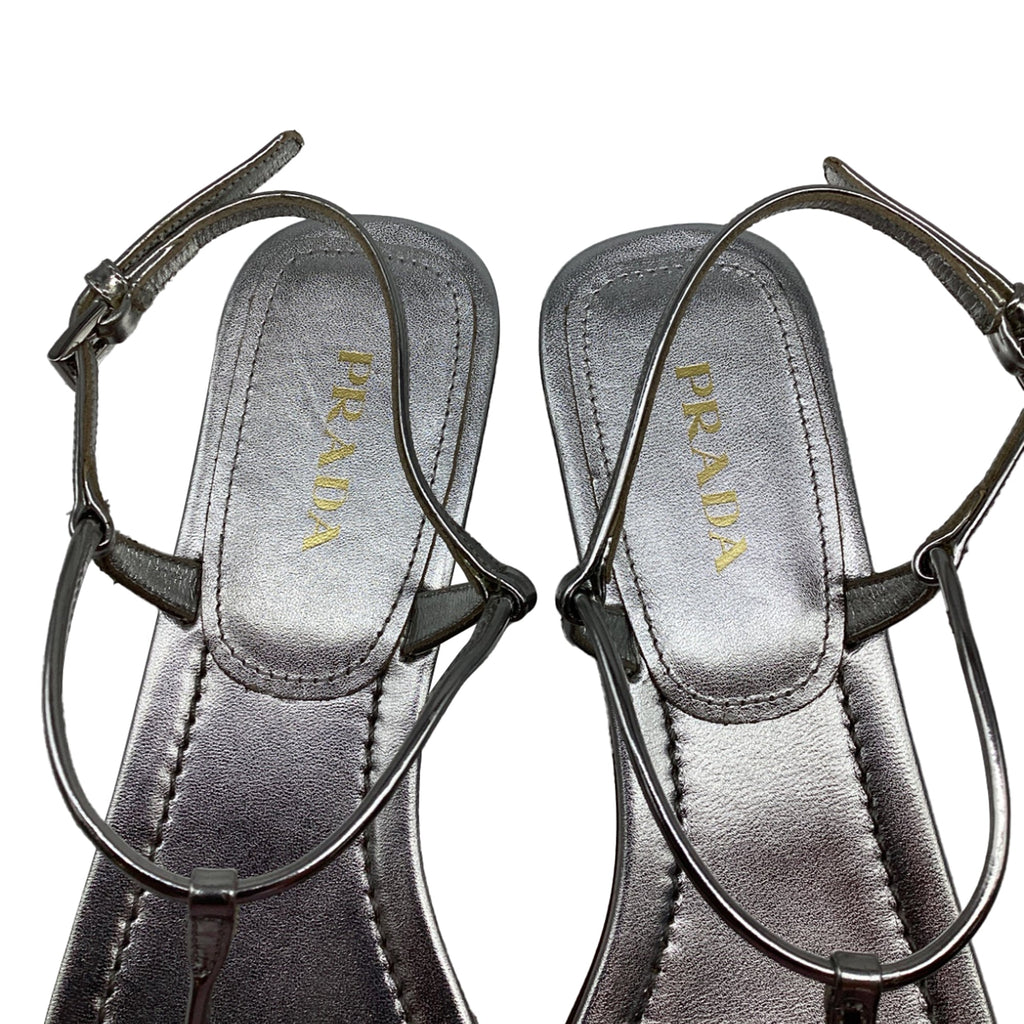 Women's Prada T-Strap Flat Sandals in Metallic Silver Leater