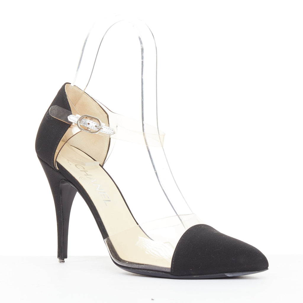 Women's Chanel satin clear transparent PVC logo cap toe pump