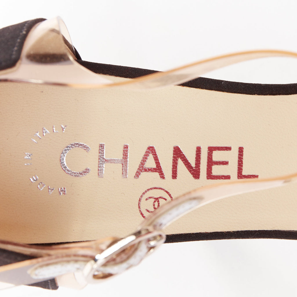 Women's Chanel satin clear transparent PVC logo cap toe pump