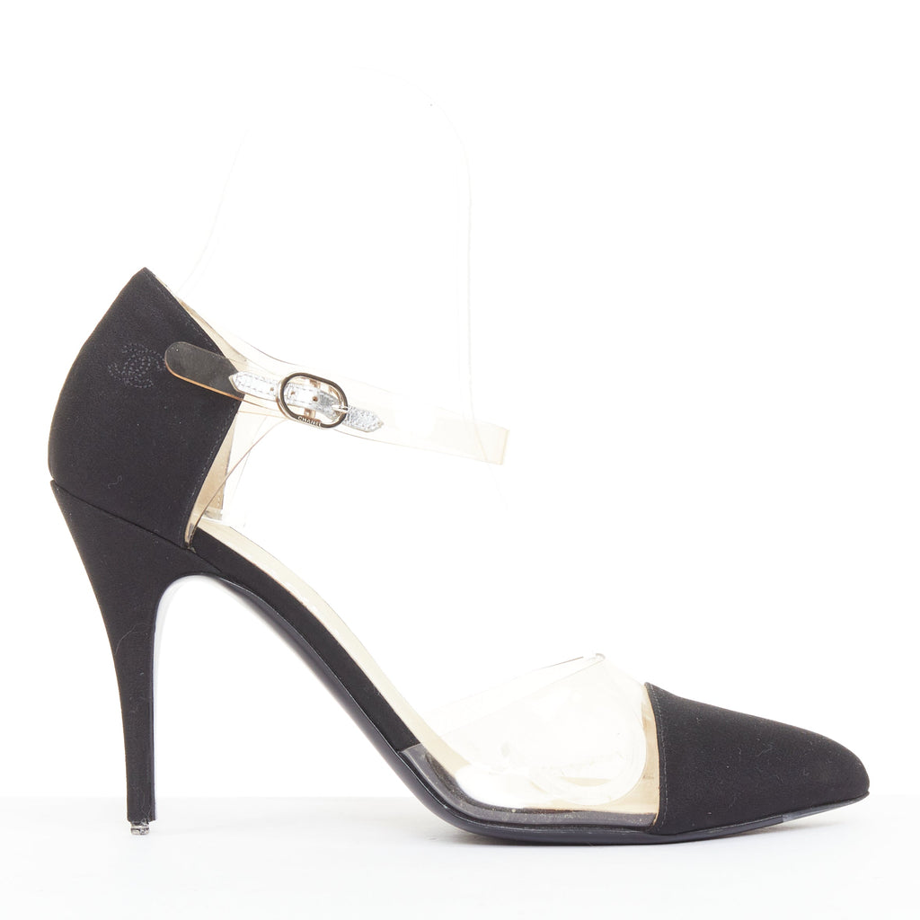 Women's Chanel satin clear transparent PVC logo cap toe pump