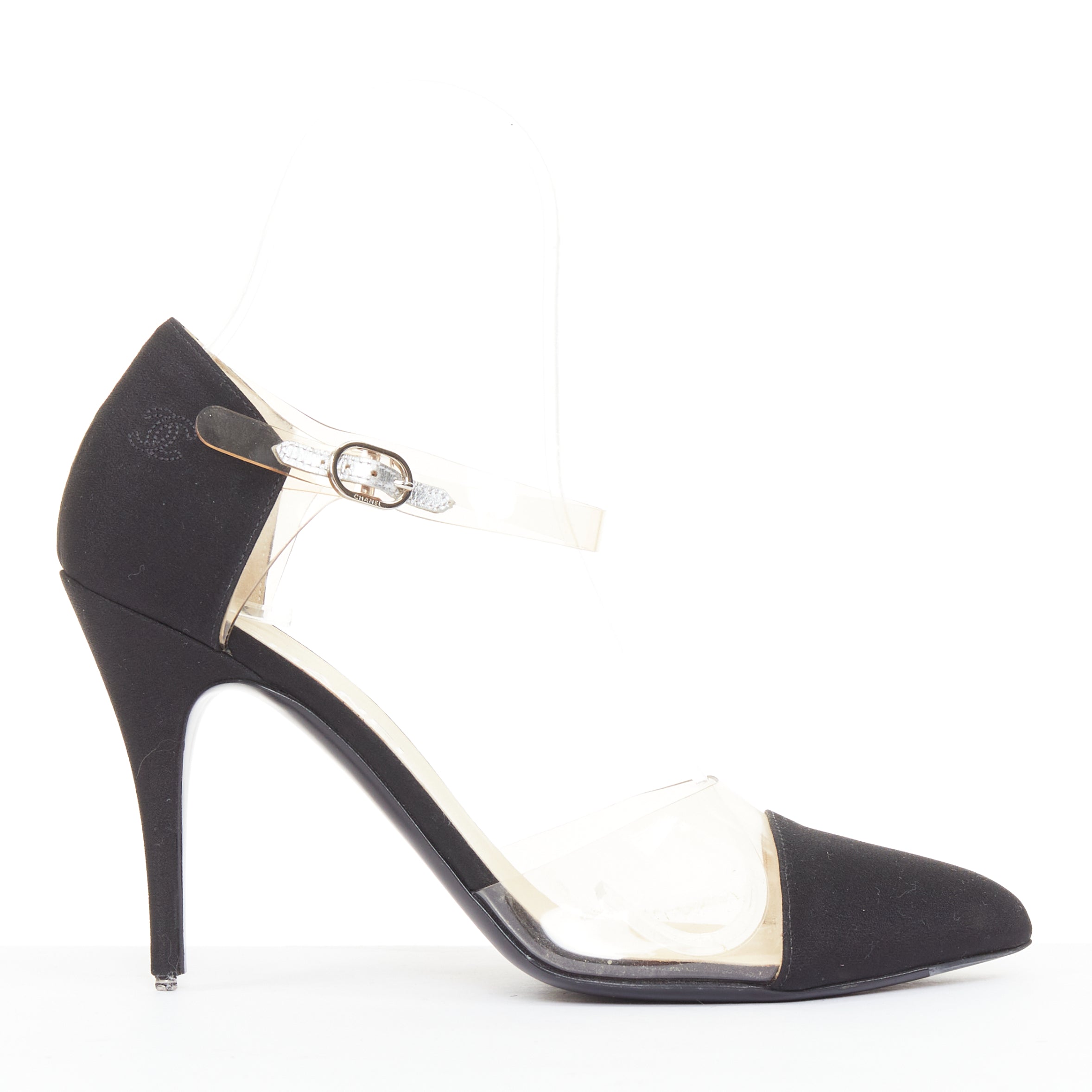 Women's Chanel satin clear transparent PVC logo cap toe pump