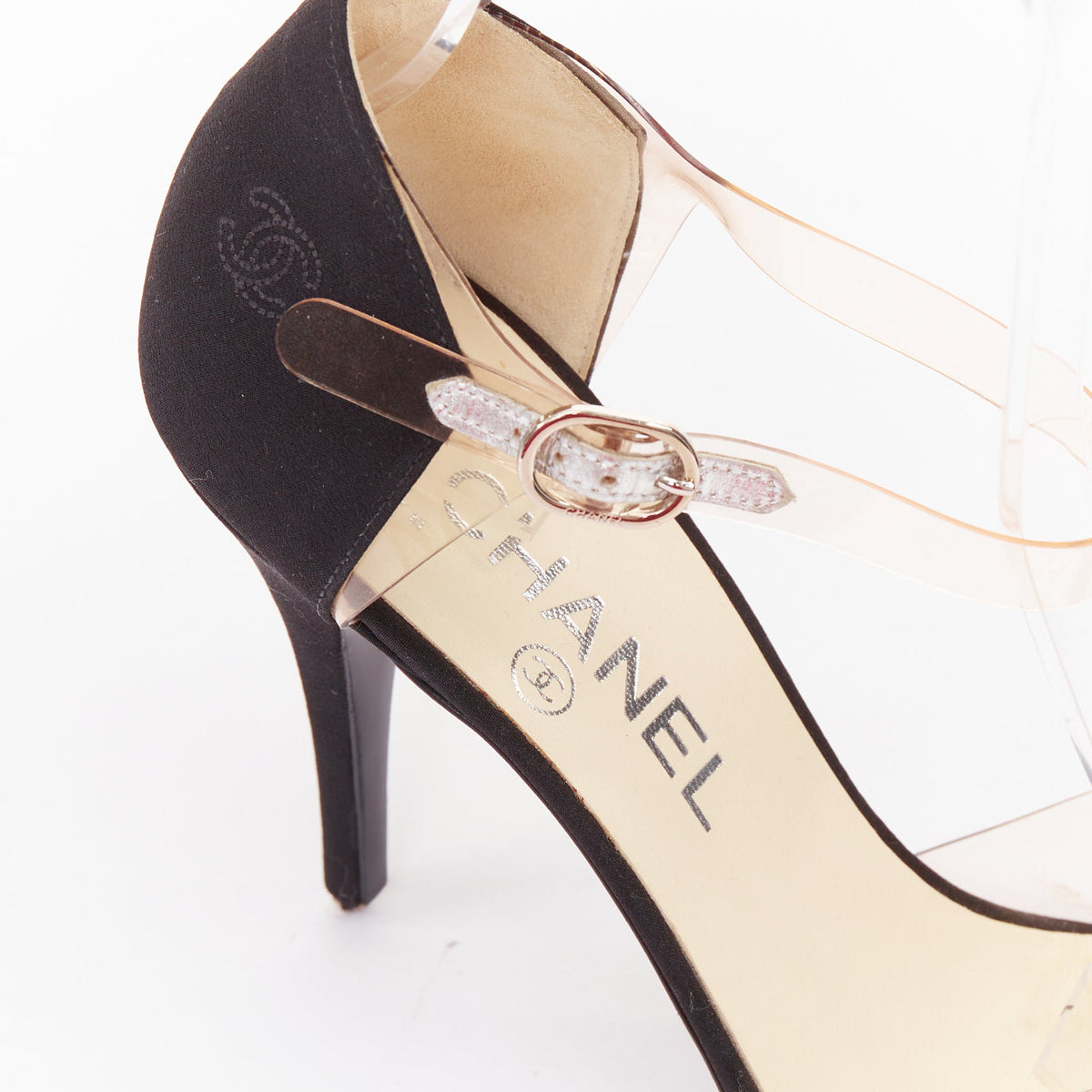 Women's Chanel satin clear transparent PVC logo cap toe pump