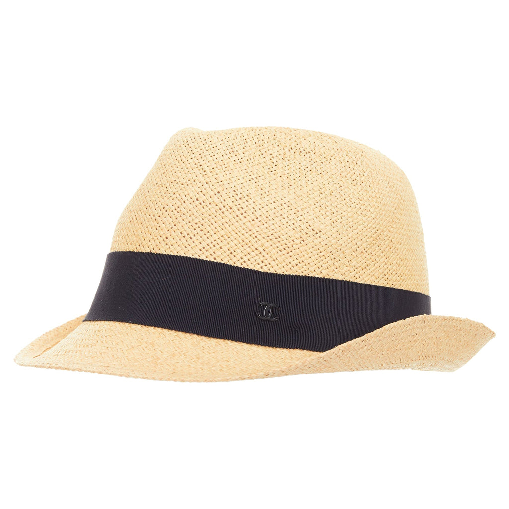 Chanel raffia curled brim navy ribbon CC logo hat