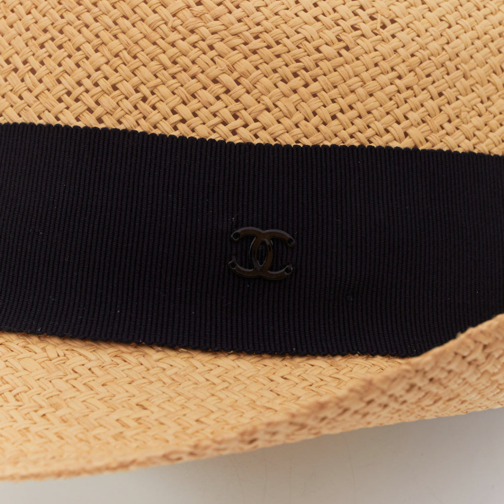 Chanel raffia curled brim navy ribbon CC logo hat