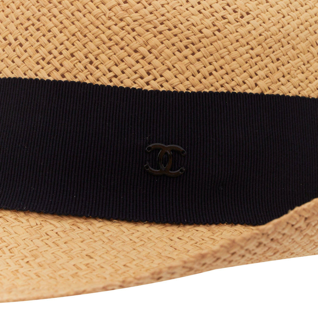 Chanel raffia curled brim navy ribbon CC logo hat