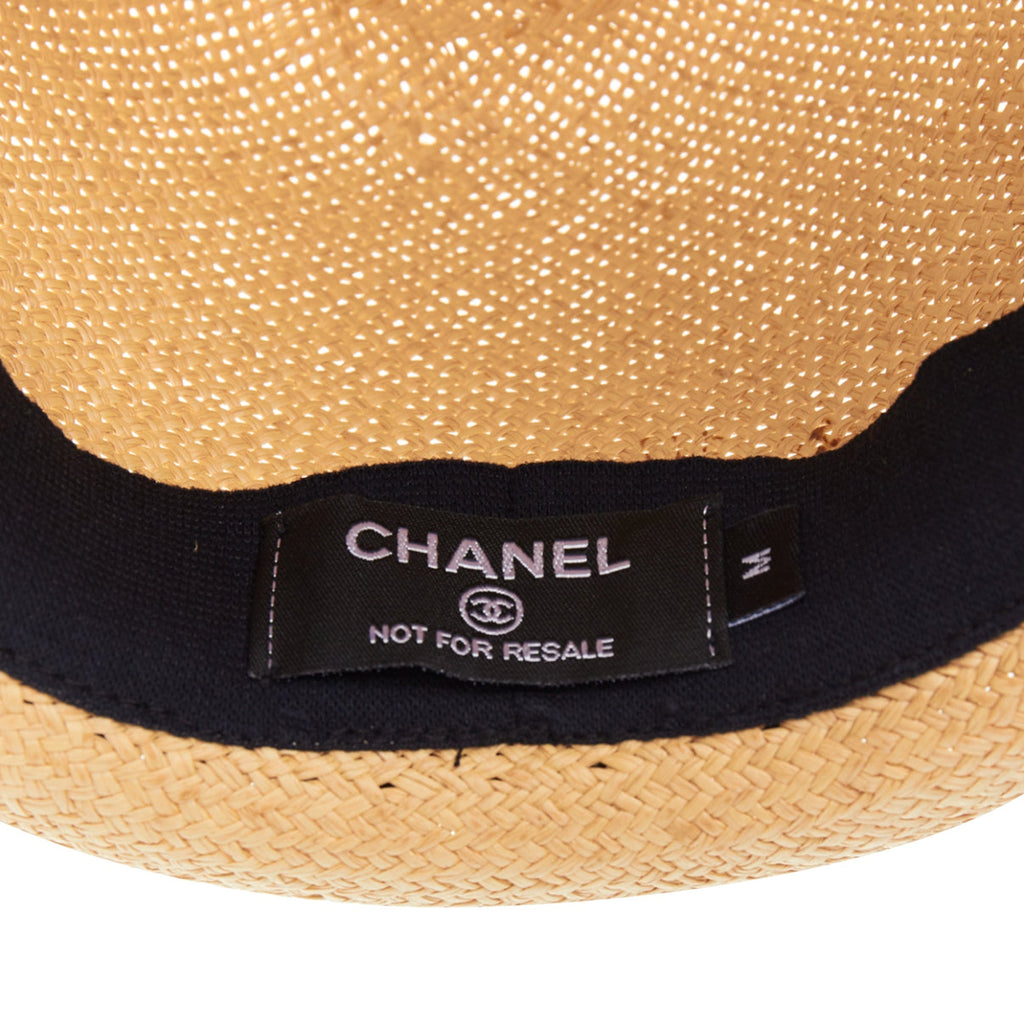 Chanel raffia curled brim navy ribbon CC logo hat