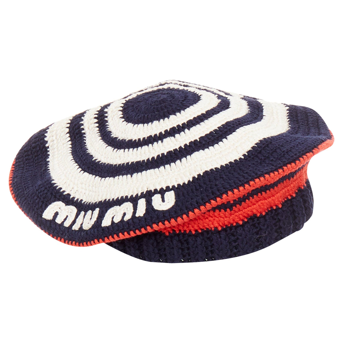 Miu Miu logo applique striped crochet knit beret hat