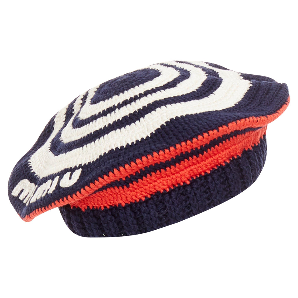 Miu Miu logo applique striped crochet knit beret hat