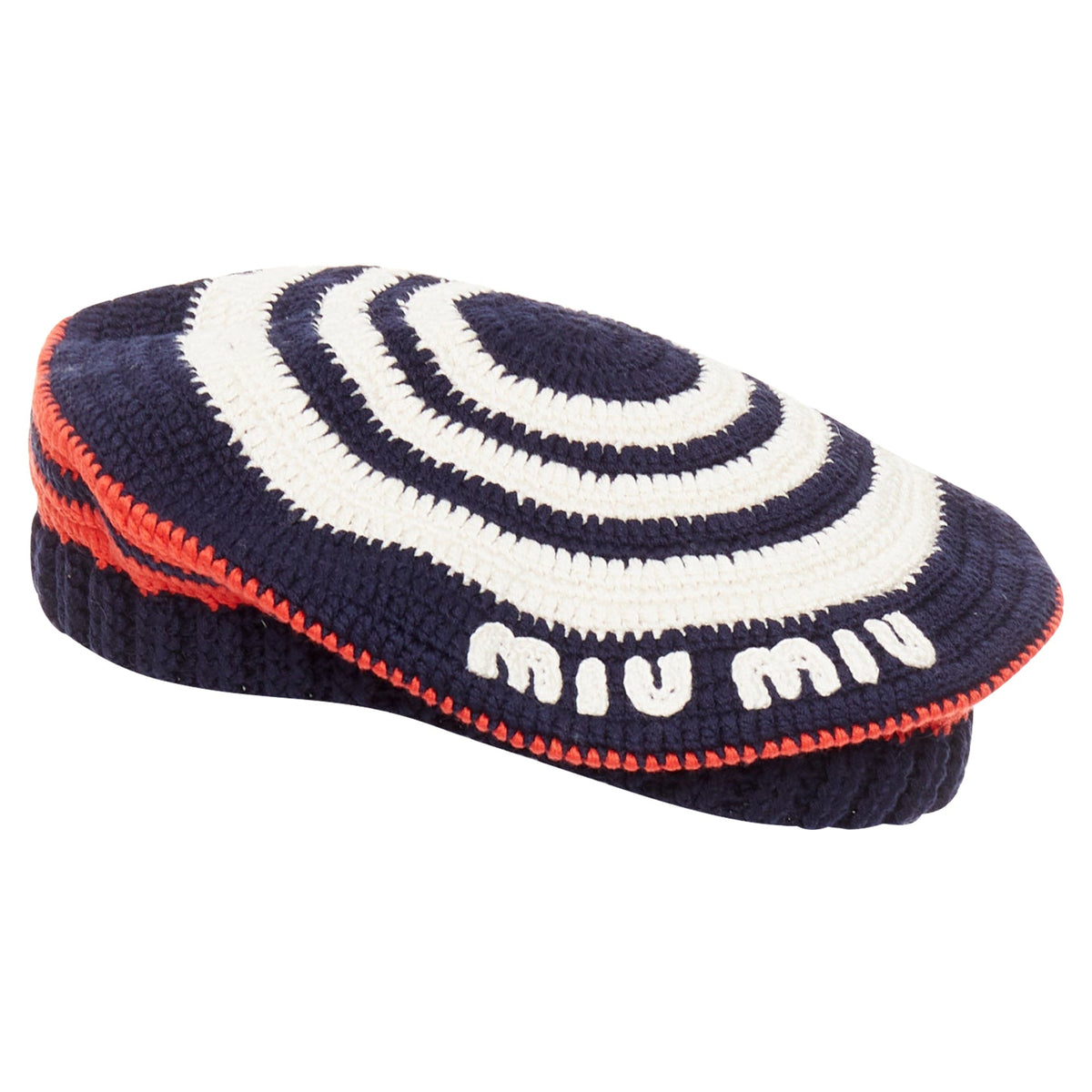 Miu Miu logo applique striped crochet knit beret hat