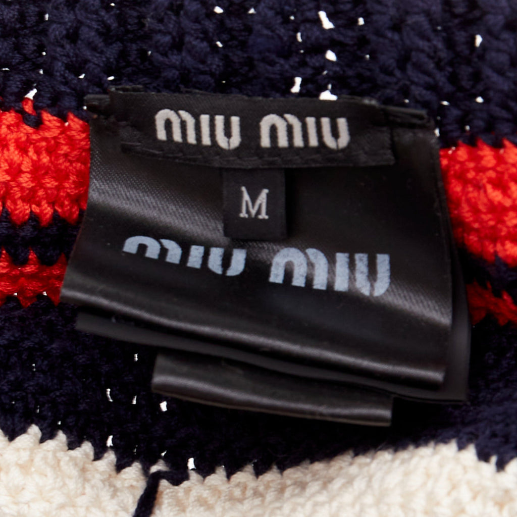 Miu Miu logo applique striped crochet knit beret hat