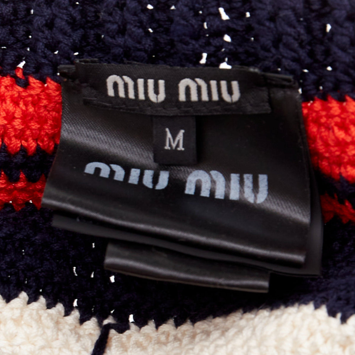 Miu Miu logo applique striped crochet knit beret hat