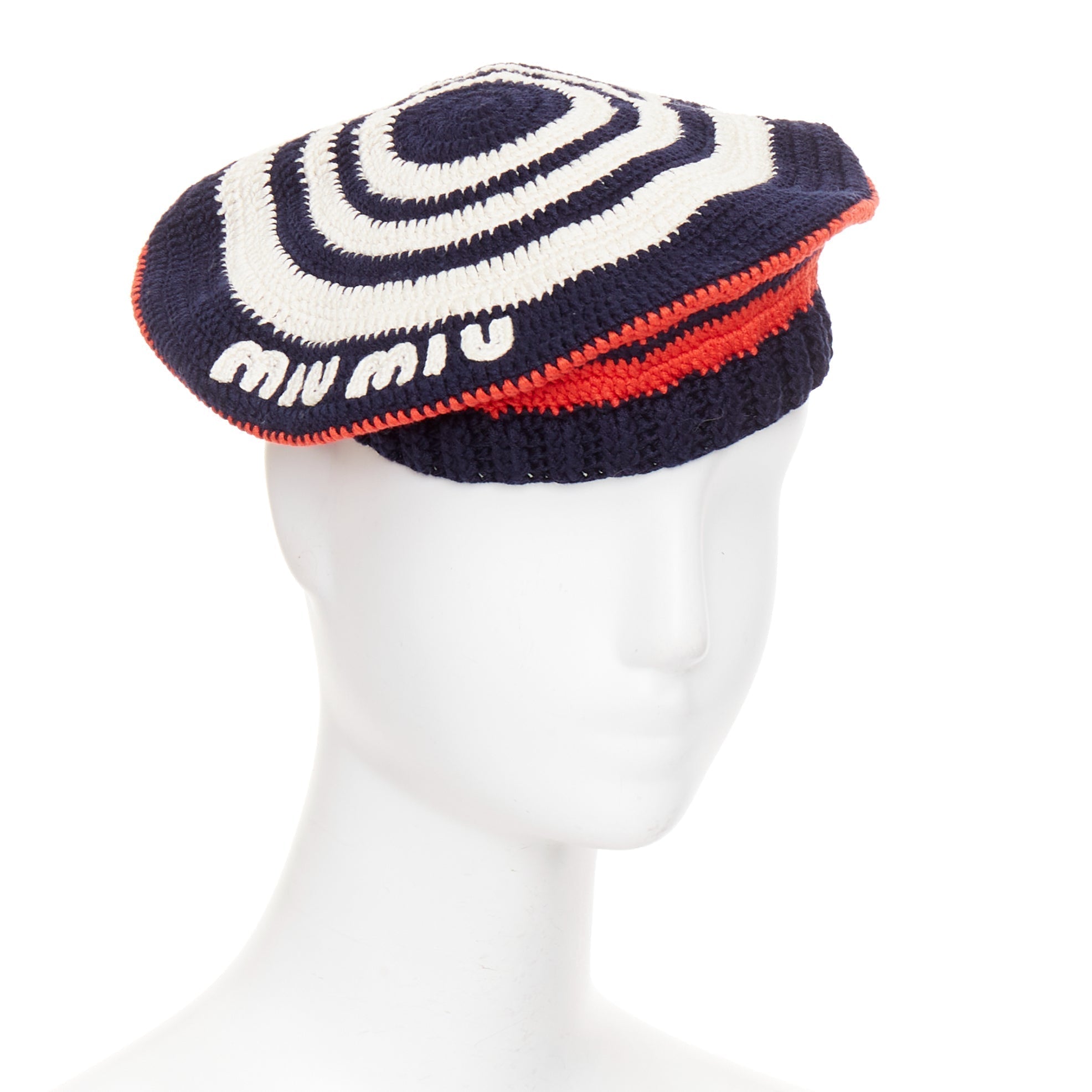 Miu Miu logo applique striped crochet knit beret hat