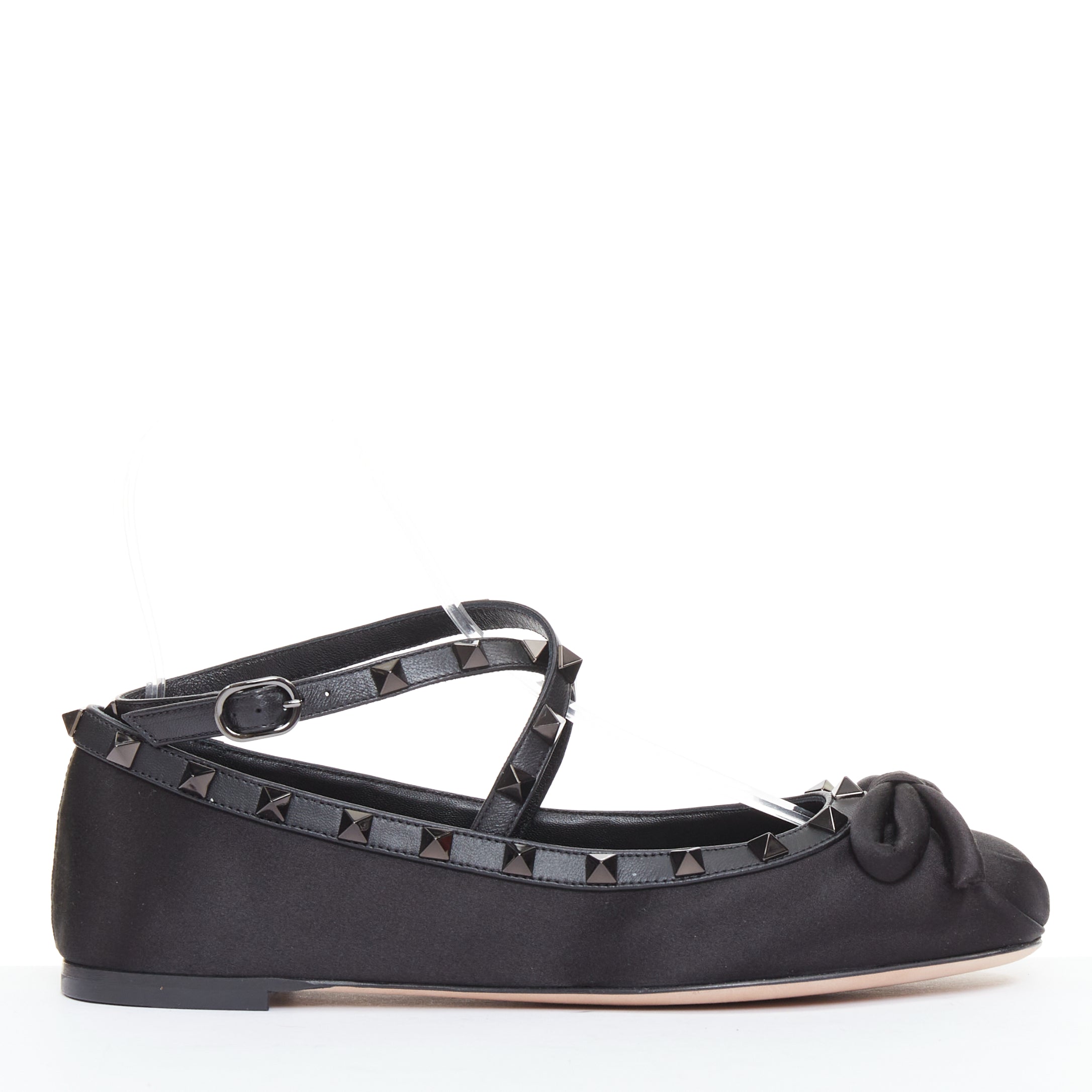 Women's Valentino Rockstud satin leather trim studded ballet flats