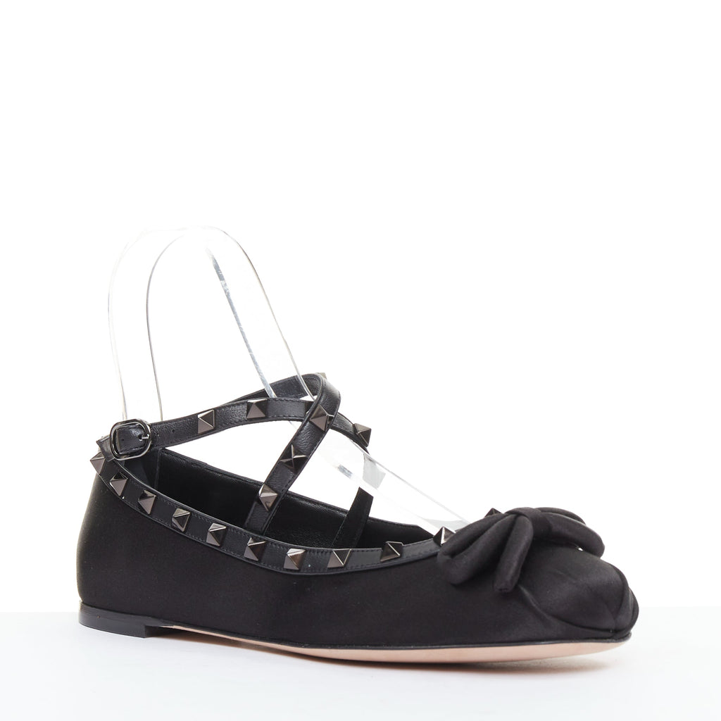 Women's Valentino Rockstud satin leather trim studded ballet flats