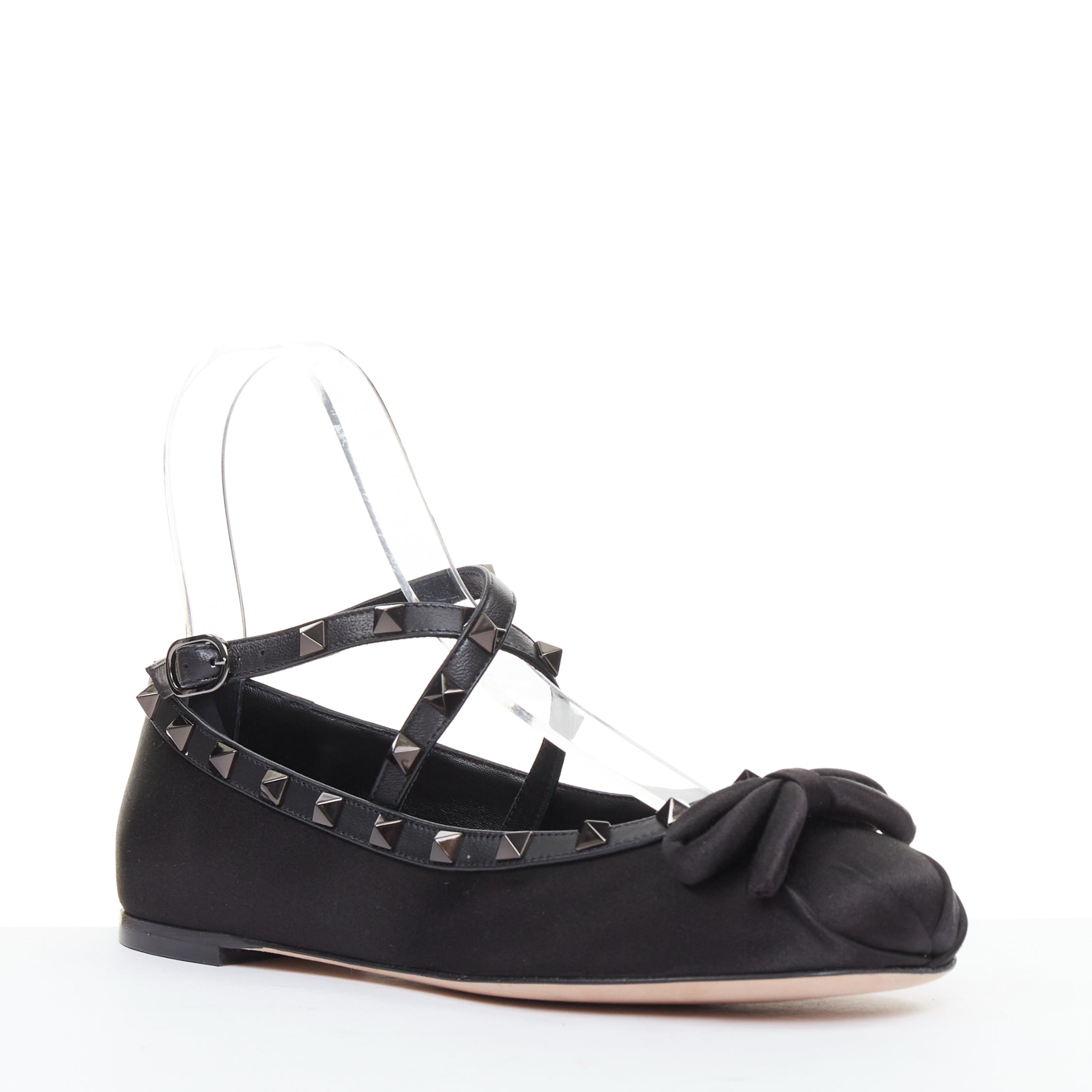 Women's Valentino Rockstud satin leather trim studded ballet flats