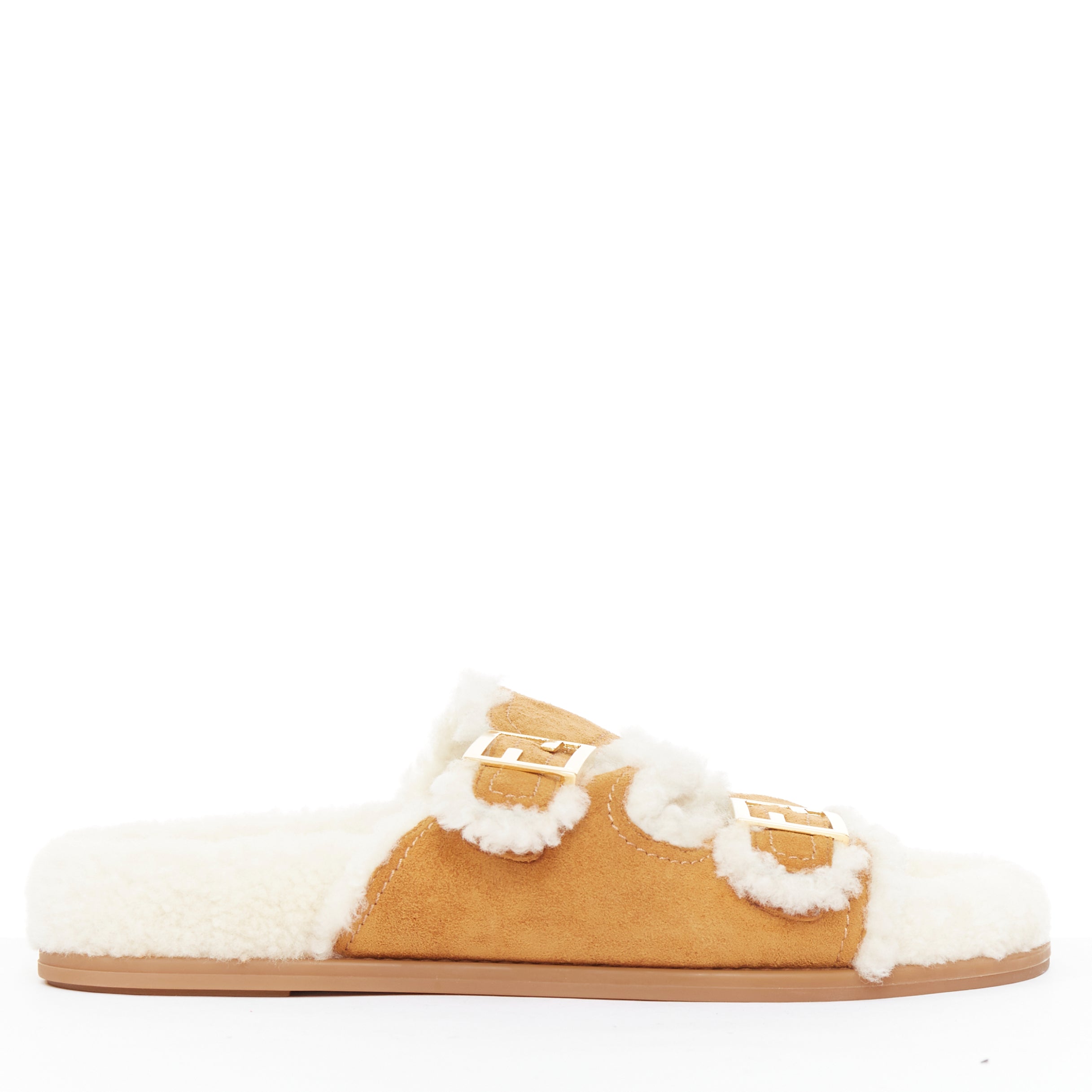 Women's Fendi Feel suede shearling gold FF buckle sandal slides