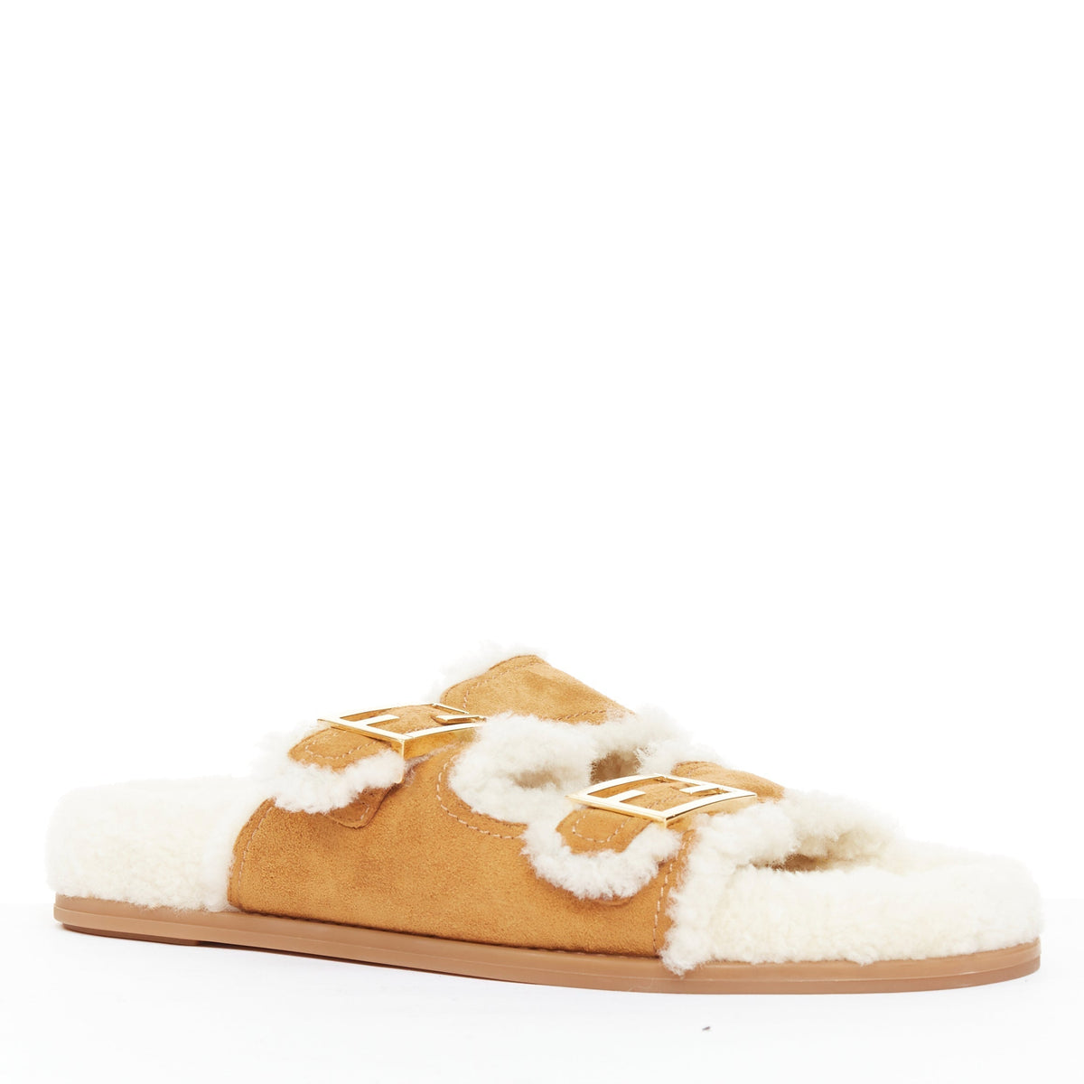 Women's Fendi Feel suede shearling gold FF buckle sandal slides