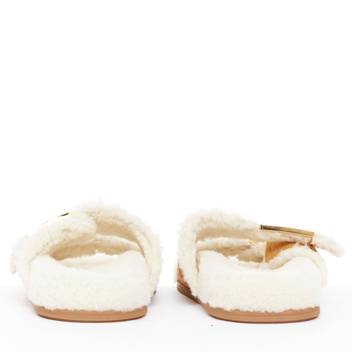 Women's Fendi Feel suede shearling gold FF buckle sandal slides