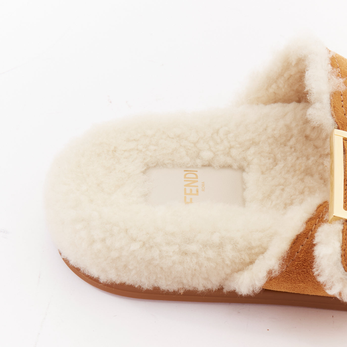 Women's Fendi Feel suede shearling gold FF buckle sandal slides