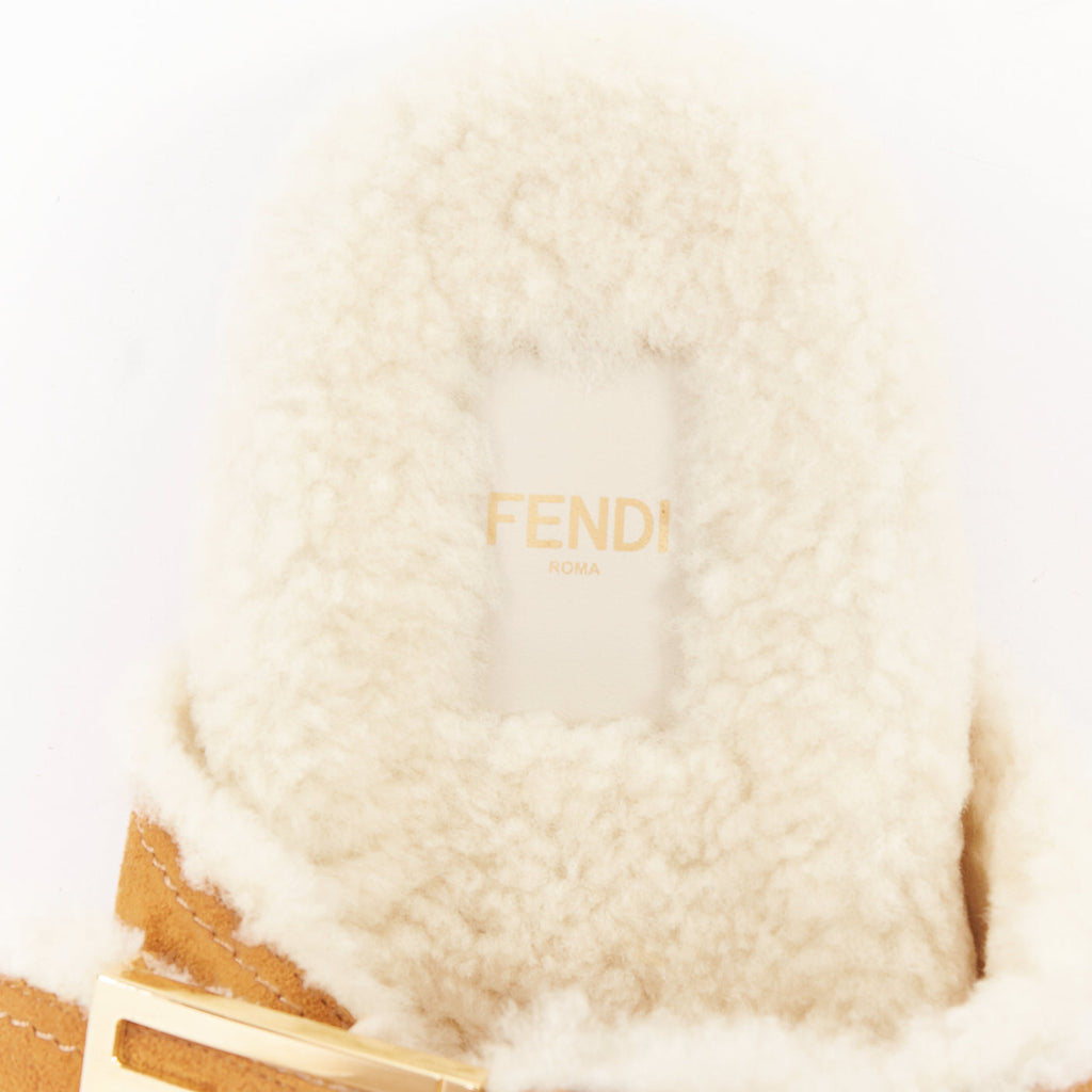 Women's Fendi Feel suede shearling gold FF buckle sandal slides