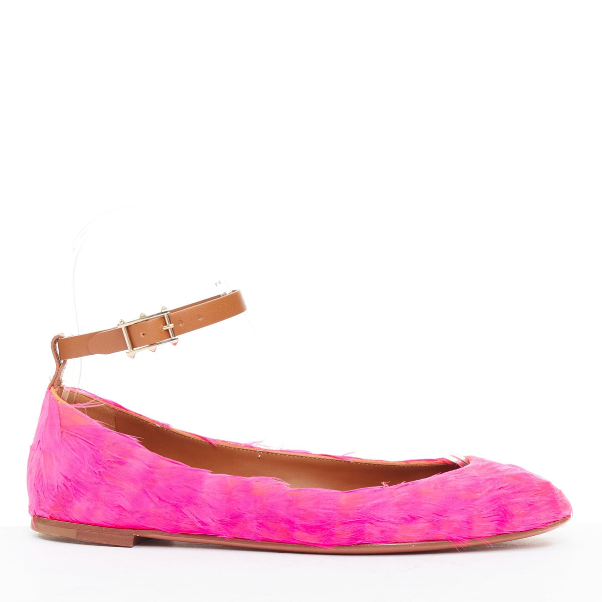 Women's Valentino feather leather ankle strap ballet flats
