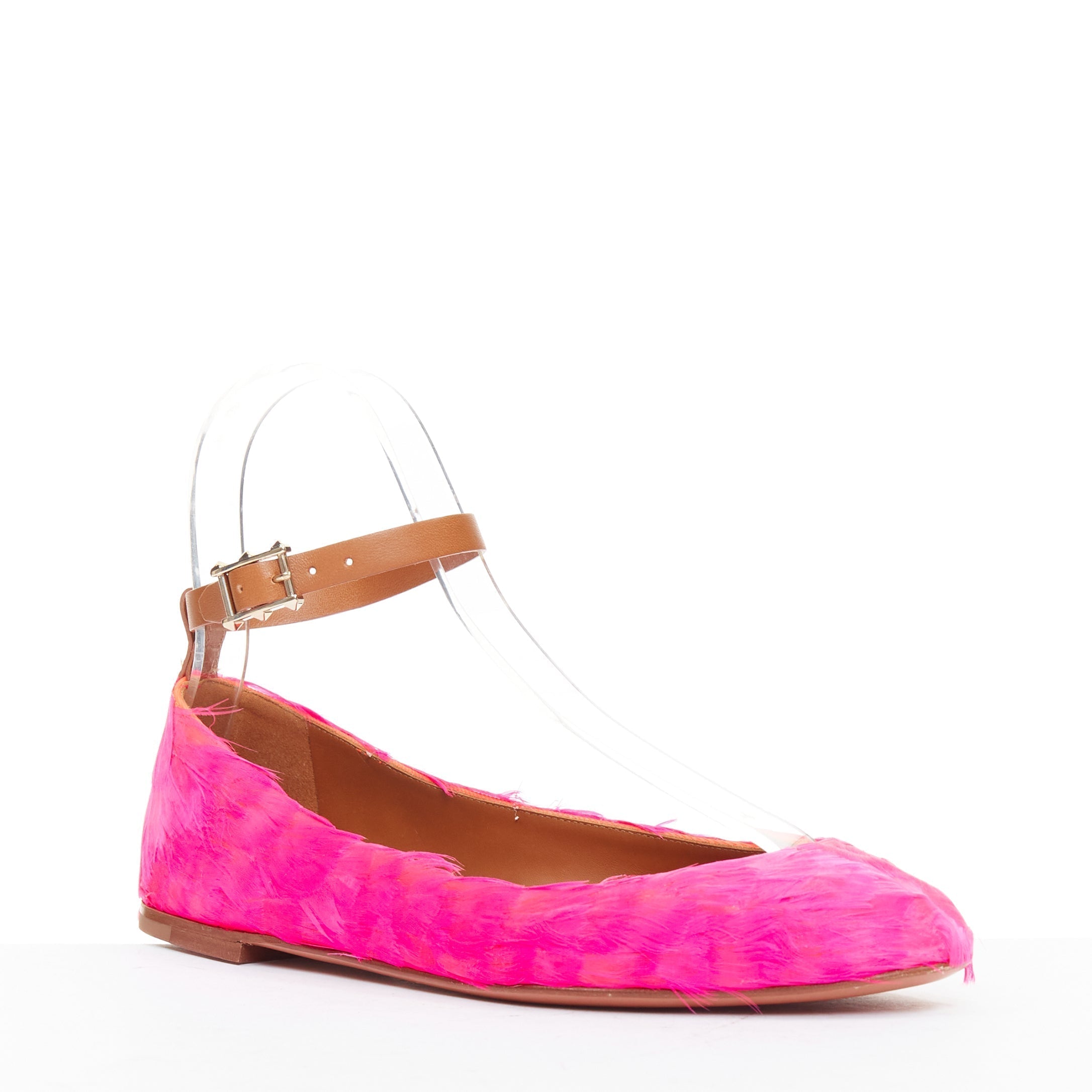 Women's Valentino feather leather ankle strap ballet flats