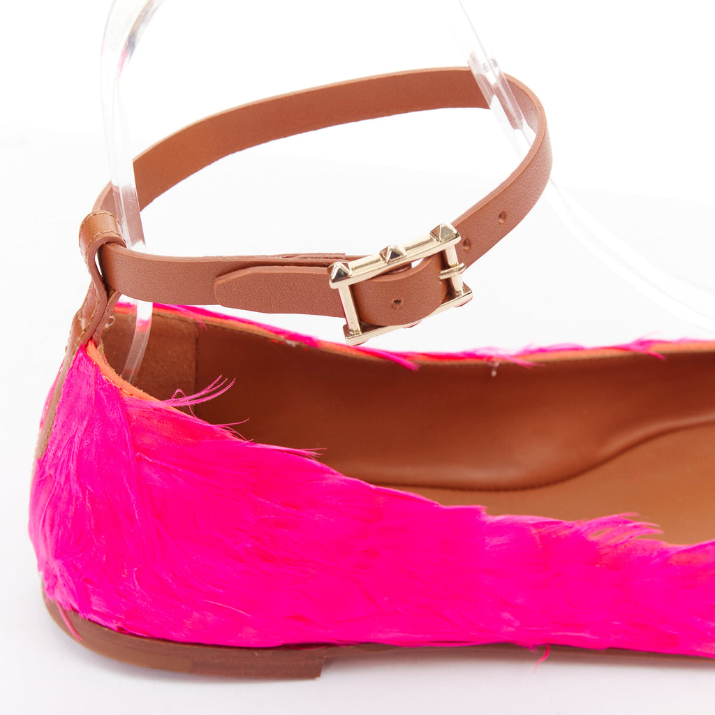 Women's Valentino feather leather ankle strap ballet flats