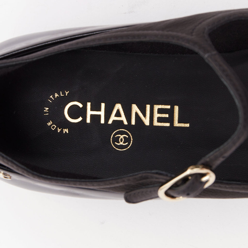 Women's Chanel patent leather silver CC logo mary jane ballet flats