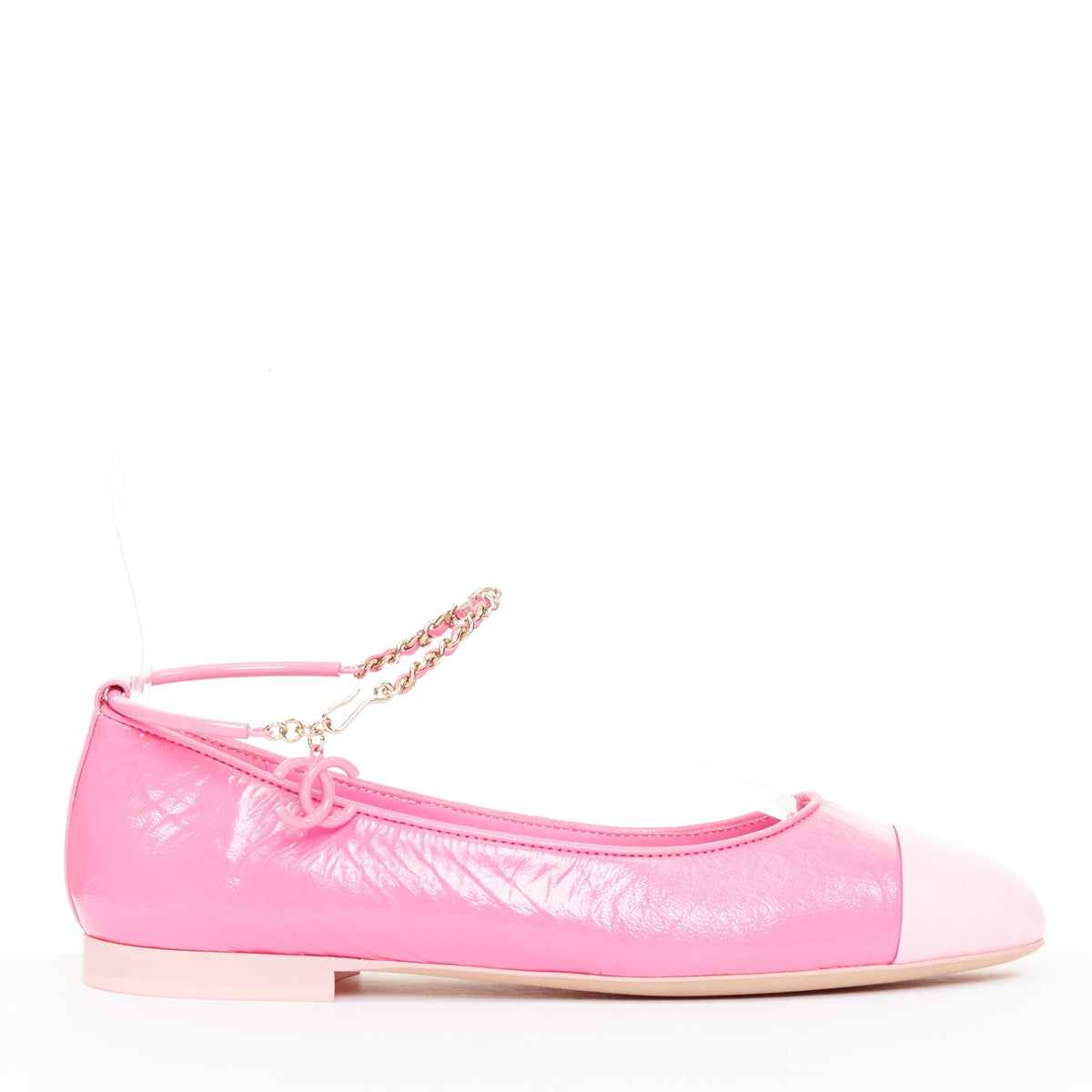 Women's Chanel crinkled leather ankle chain CC charm flats