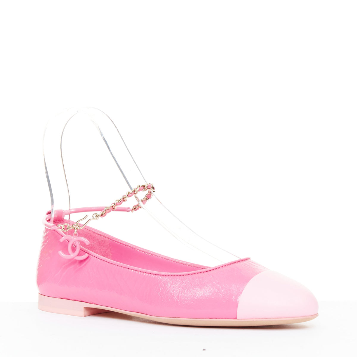 Women's Chanel crinkled leather ankle chain CC charm flats