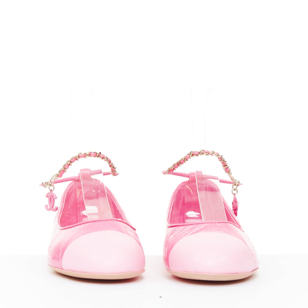 Women's Chanel crinkled leather ankle chain CC charm flats