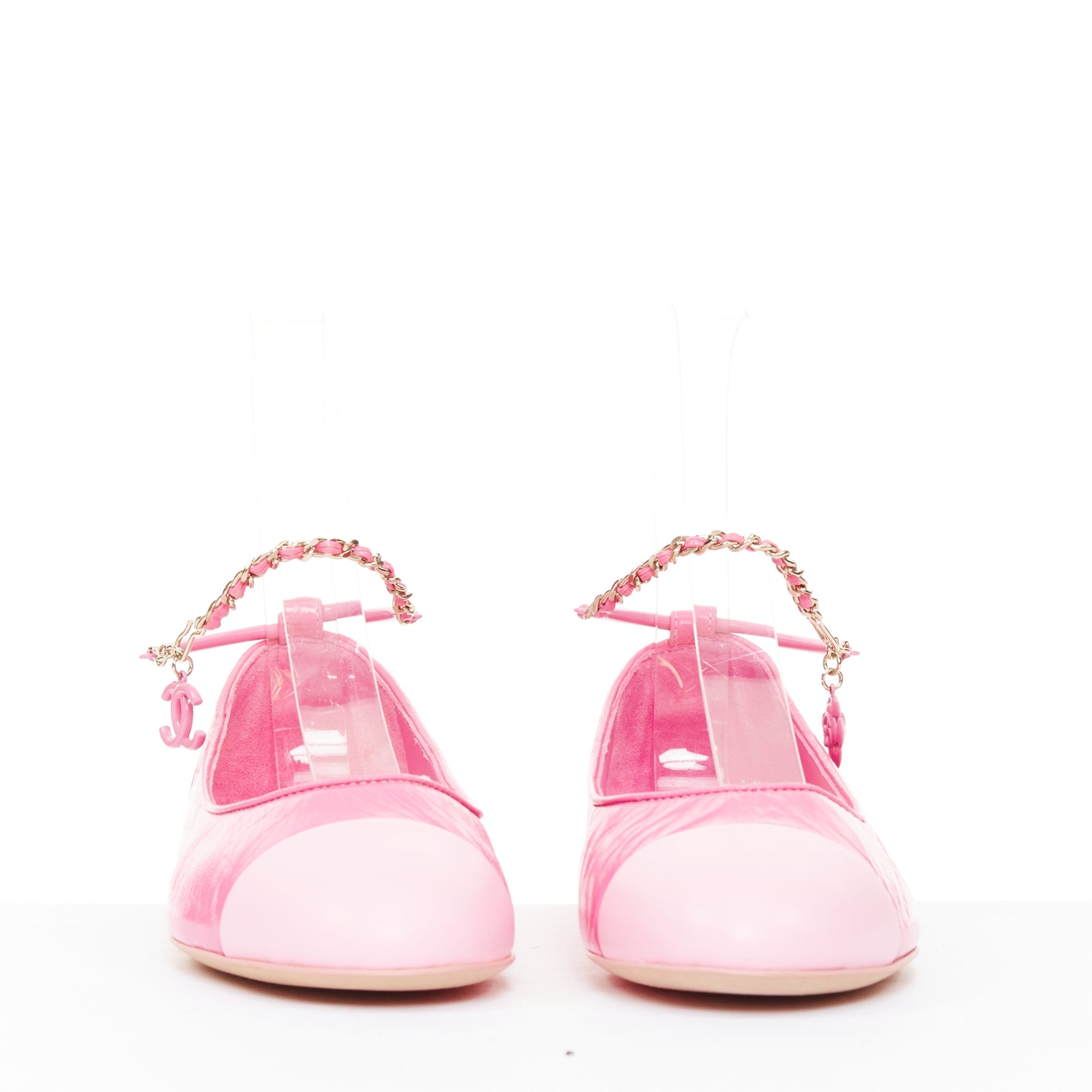 Women's Chanel crinkled leather ankle chain CC charm flats