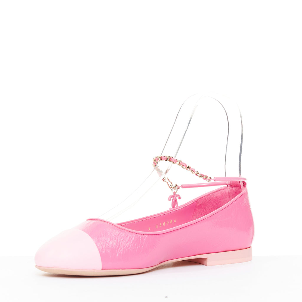 Women's Chanel crinkled leather ankle chain CC charm flats