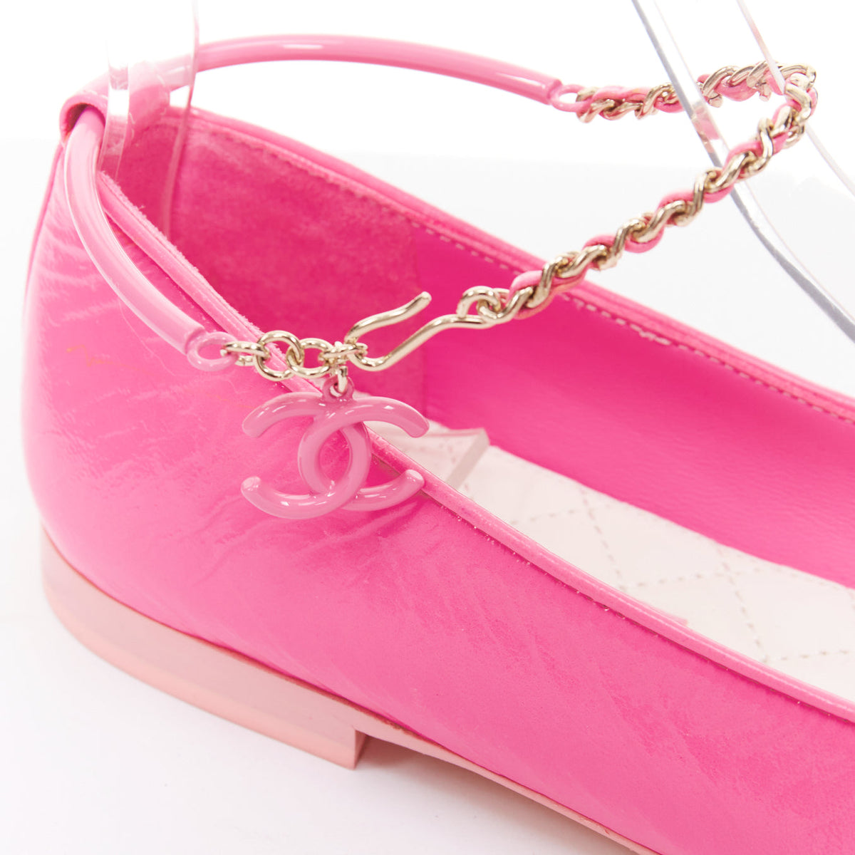 Women's Chanel crinkled leather ankle chain CC charm flats