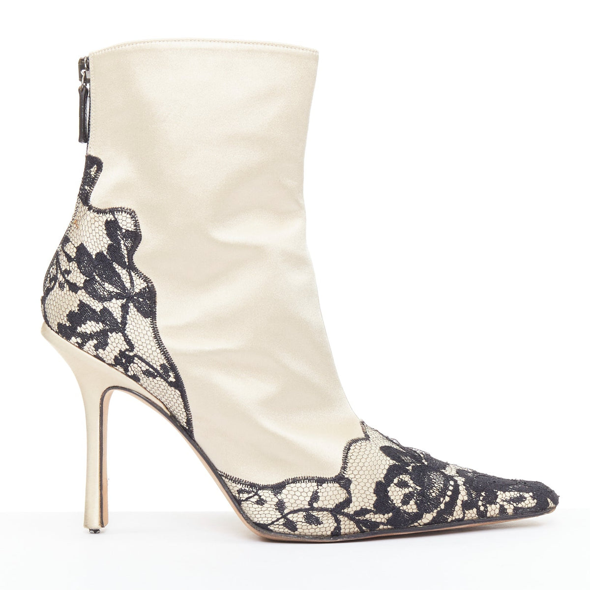 Women's Jimmy Choo satin lace trim point toes heel ankle booties