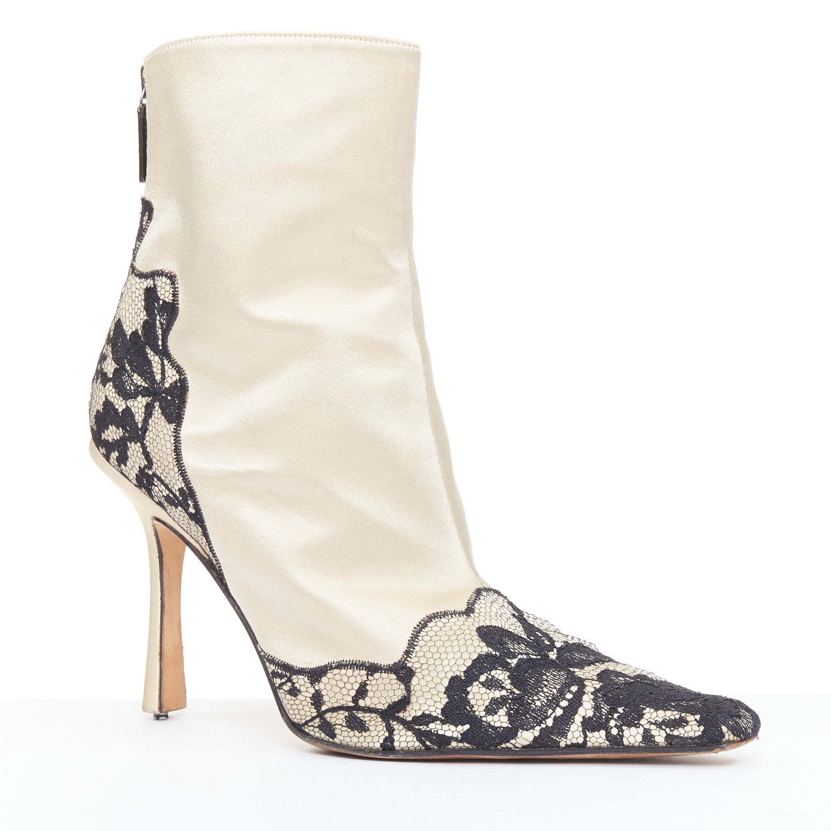 Women's Jimmy Choo satin lace trim point toes heel ankle booties