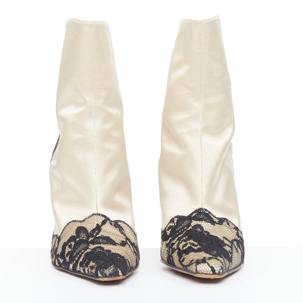Women's Jimmy Choo satin lace trim point toes heel ankle booties
