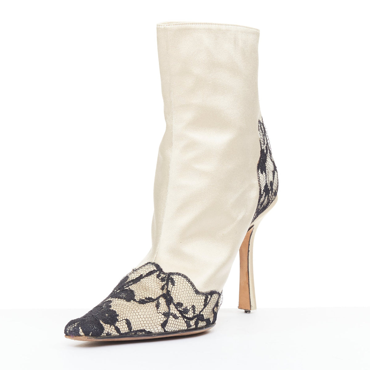 Women's Jimmy Choo satin lace trim point toes heel ankle booties