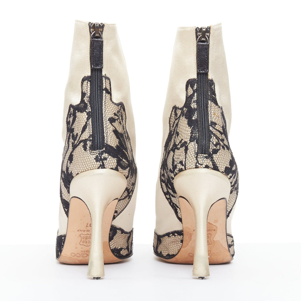 Women's Jimmy Choo satin lace trim point toes heel ankle booties